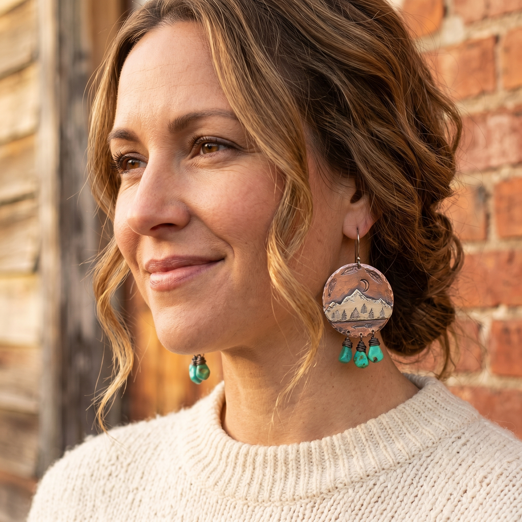 Handcrafted Silver & Copper Turquoise Mountain Earrings – Boho Southwestern Dangle Earrings for Women