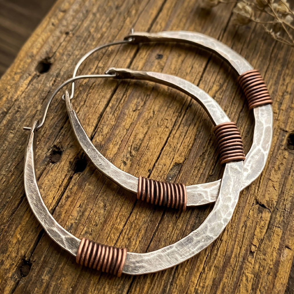 Handcrafted Sterling Silver and Copper Hammered Earrings