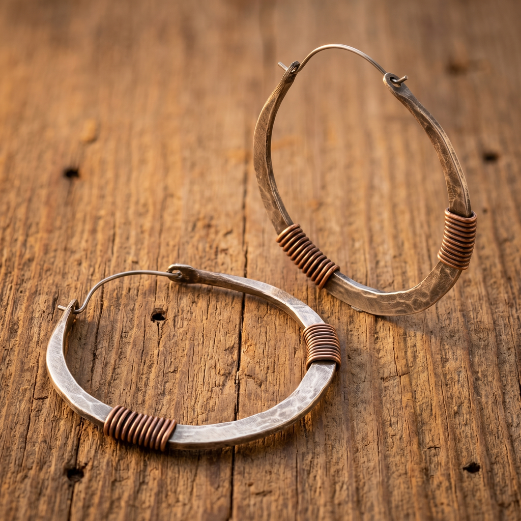 Handcrafted Sterling Silver and Copper Hammered Earrings