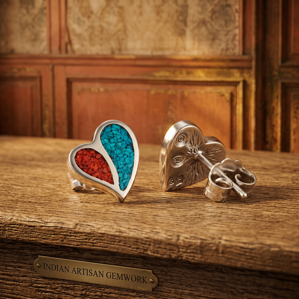 Handcrafted Sterling Silver Turquoise & Spiny Oyster Heart Stud Earrings
