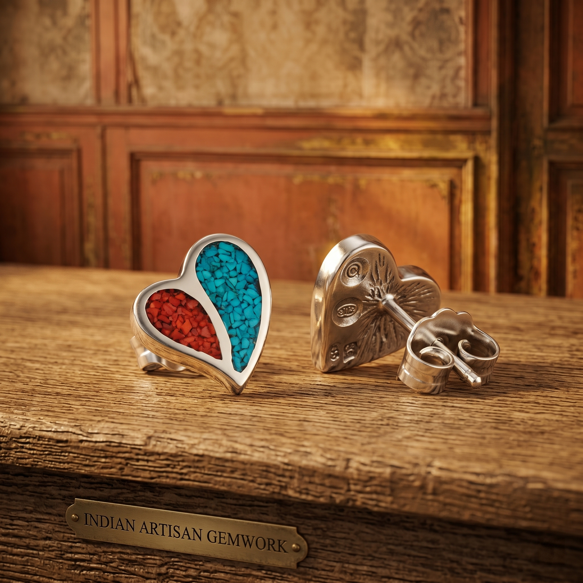 Handcrafted Sterling Silver Turquoise & Spiny Oyster Heart Stud Earrings