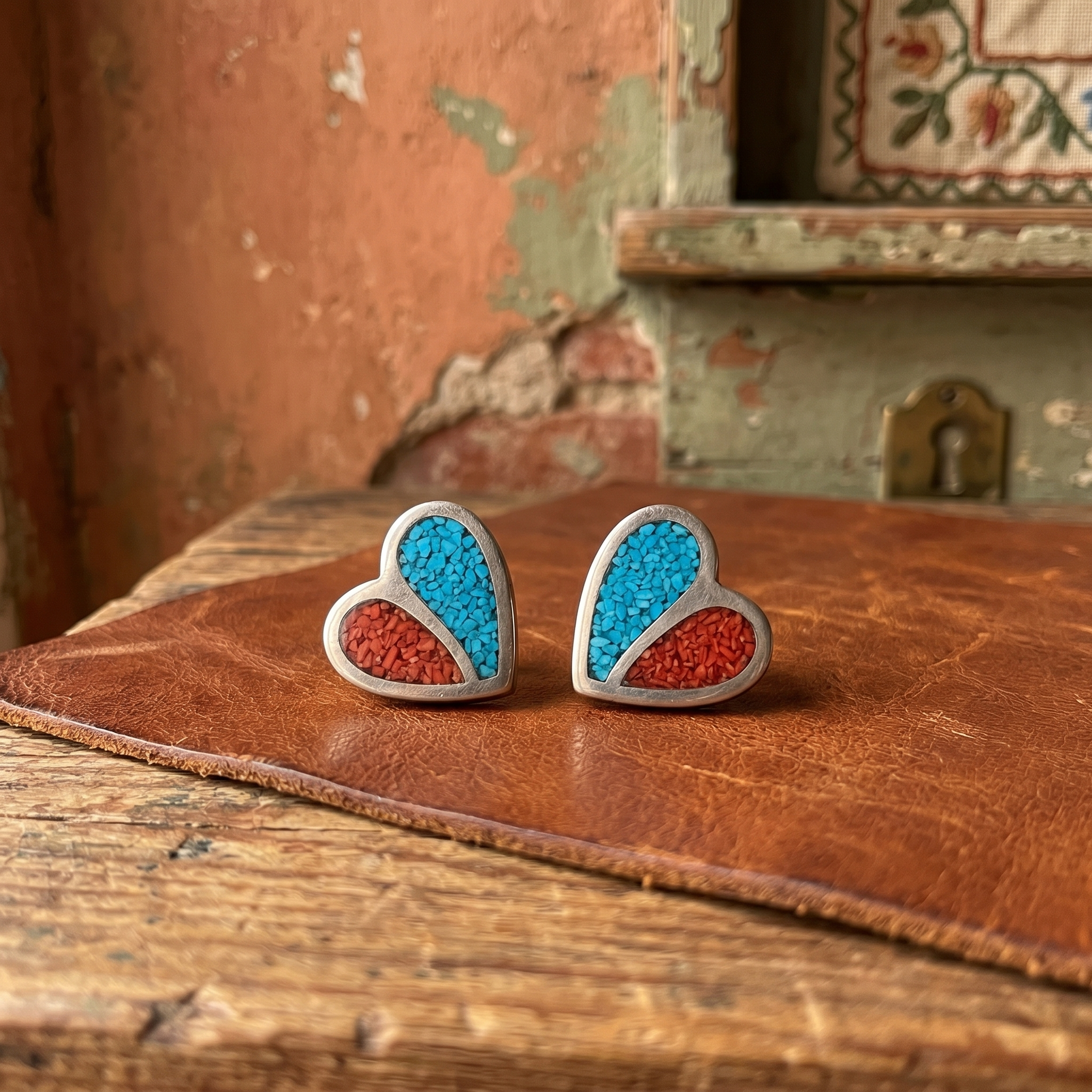 Handcrafted Sterling Silver Turquoise & Spiny Oyster Heart Stud Earrings