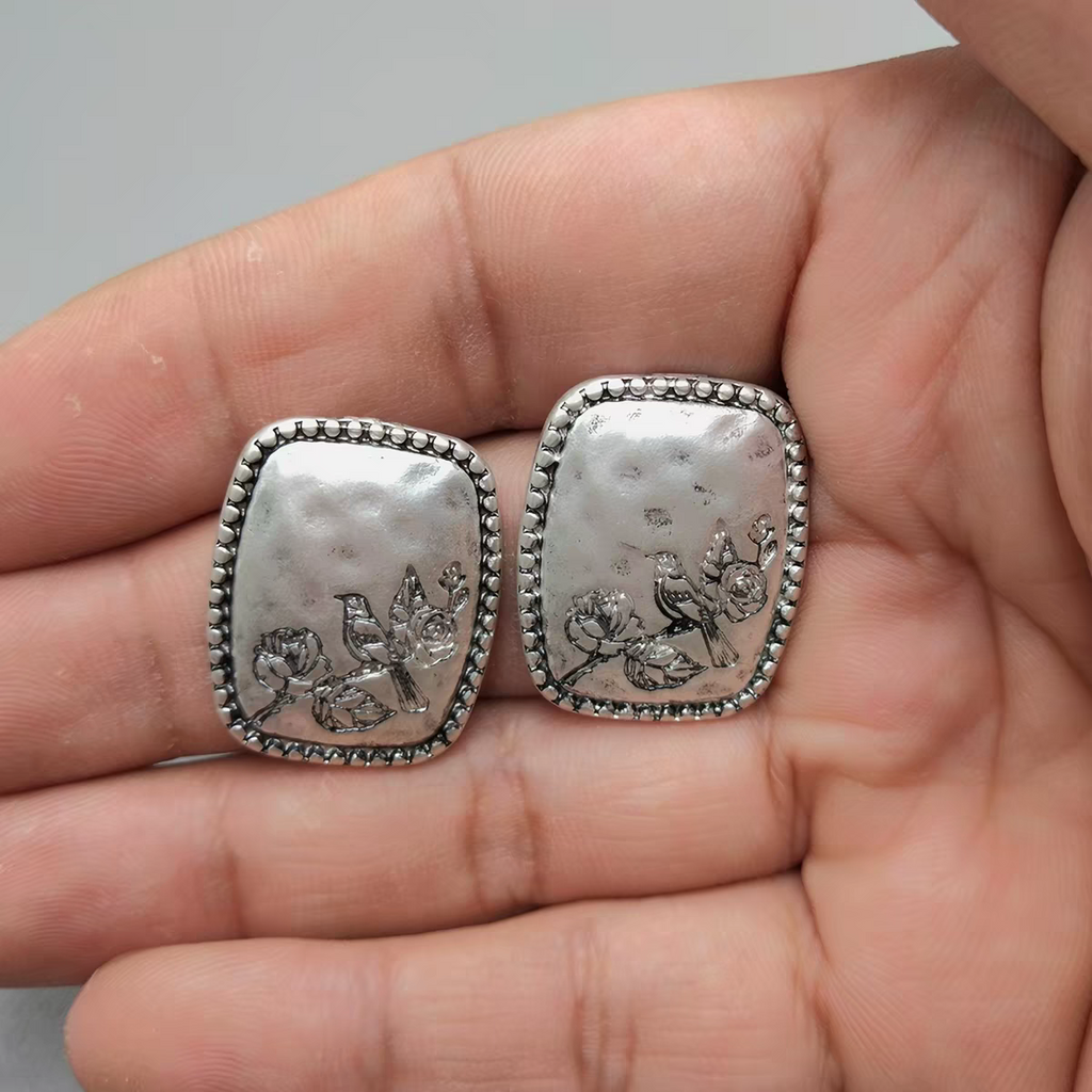 Handcrafted Silver Bird & Floral Stud Earrings