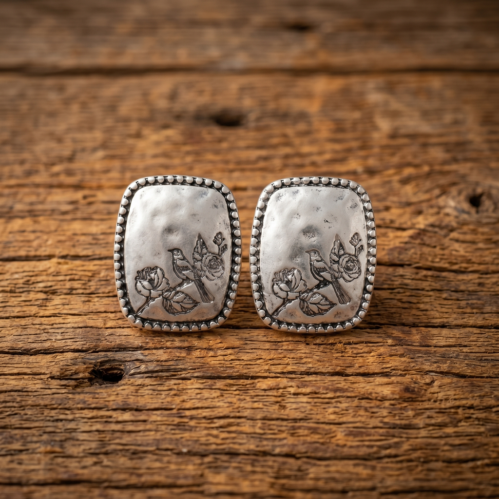 Handcrafted Silver Bird & Floral Stud Earrings