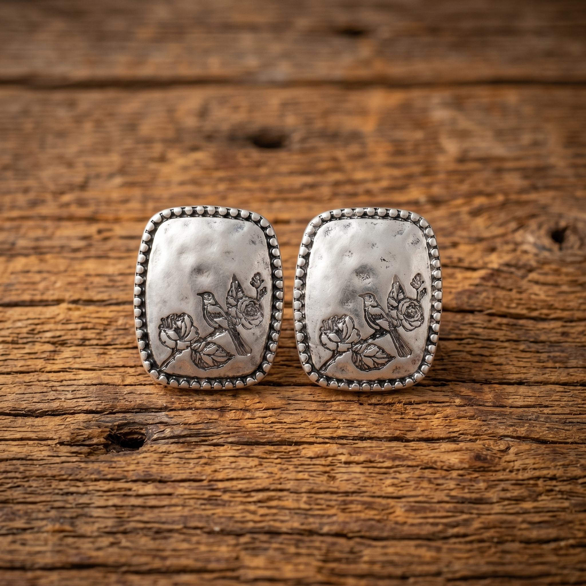 Handcrafted Silver Bird & Floral Stud Earrings