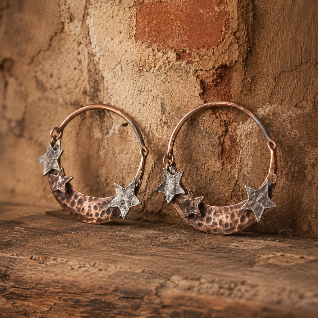 Retro Western Bohemian Style, Starry Sky Theme — Women's Hammered Earrings