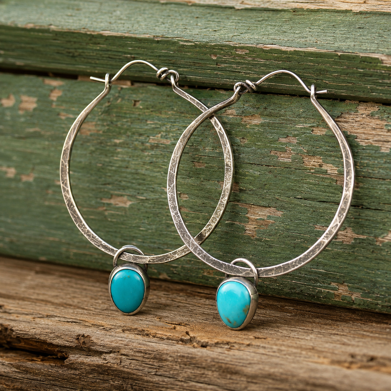 Handcrafted Hammered Sterling Silver Turquoise Hoop Earrings
