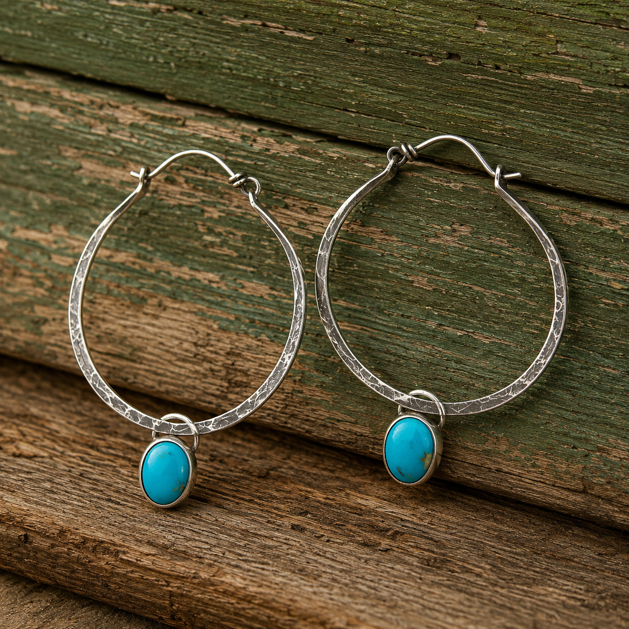 Handcrafted Hammered Sterling Silver Turquoise Hoop Earrings