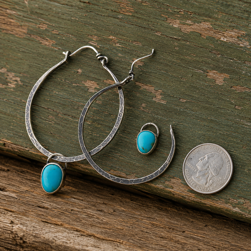 Handcrafted Hammered Sterling Silver Turquoise Hoop Earrings