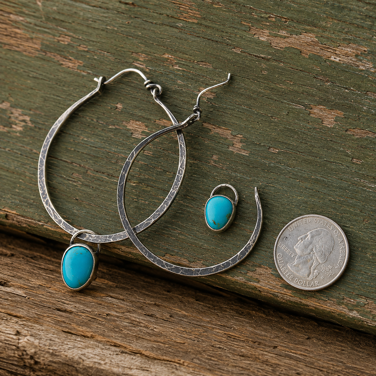Handcrafted Hammered Sterling Silver Turquoise Hoop Earrings