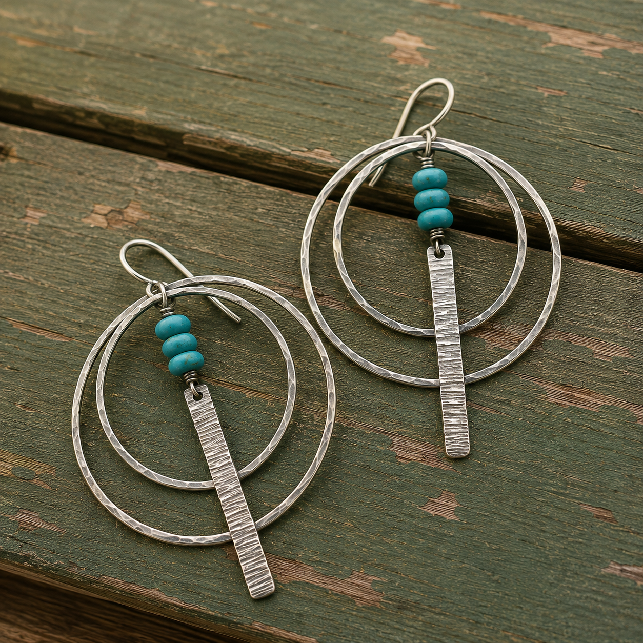 Handcrafted Hammered Sterling Silver Turquoise Bead Hoop Earrings