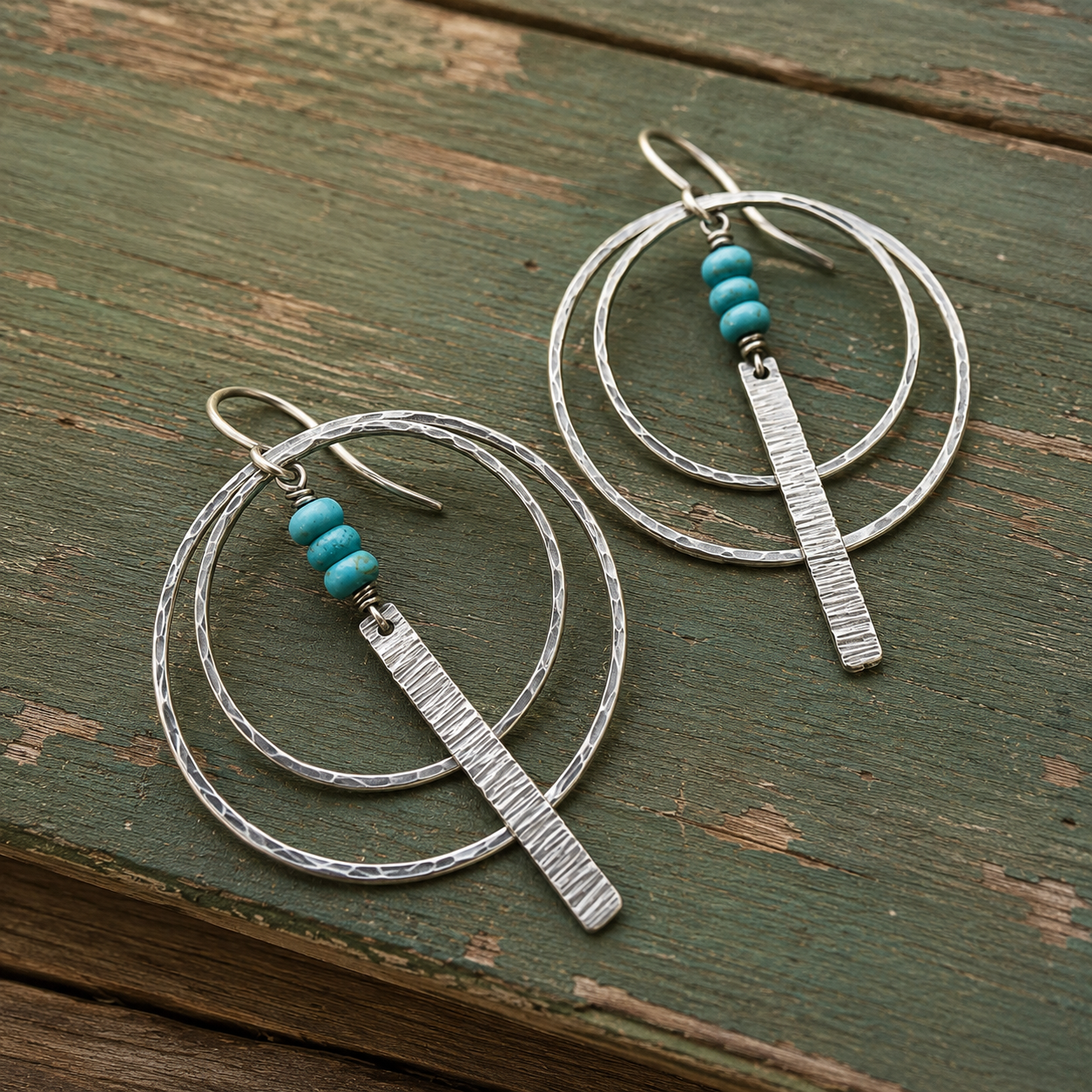 Handcrafted Hammered Sterling Silver Turquoise Bead Hoop Earrings