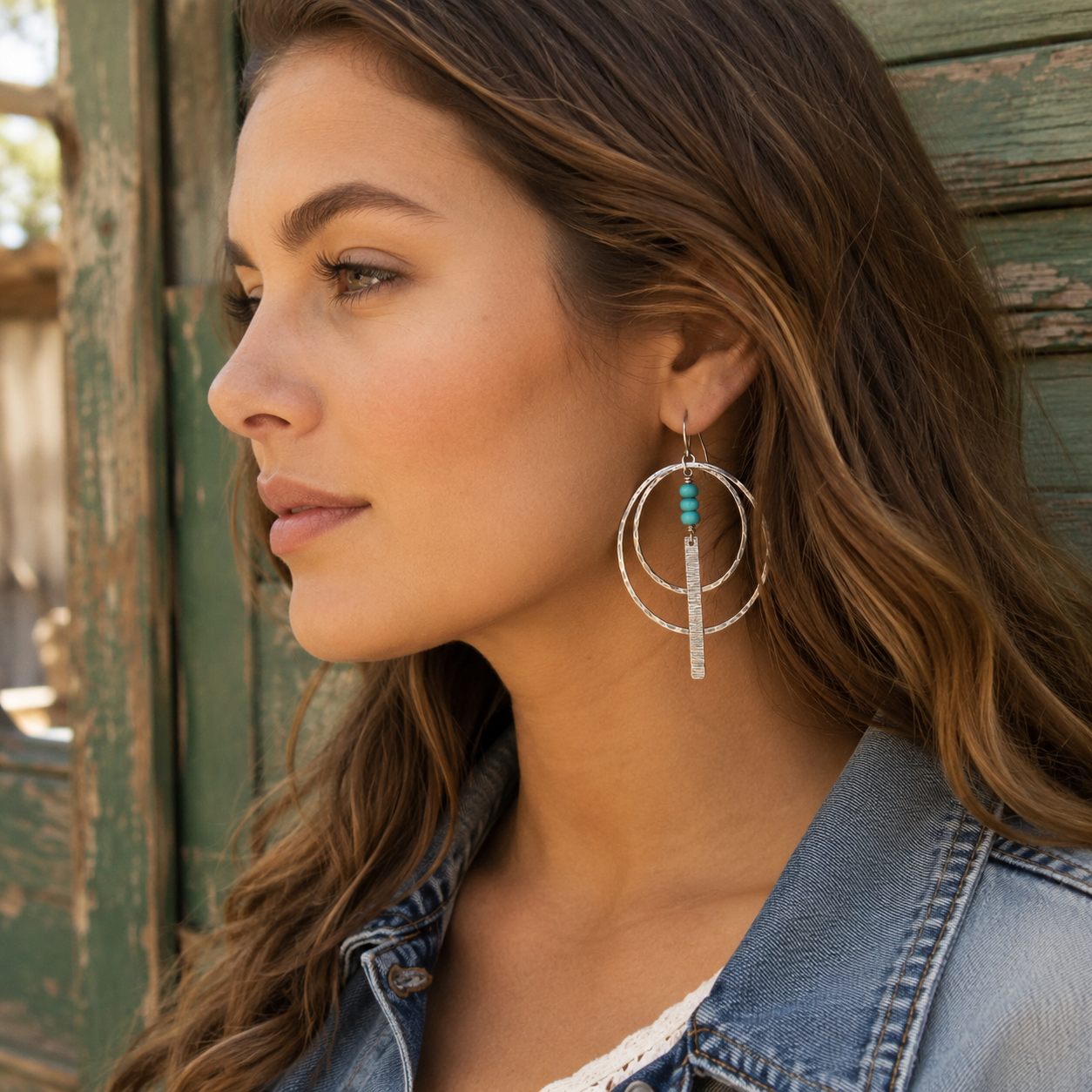 Handcrafted Hammered Sterling Silver Turquoise Bead Hoop Earrings
