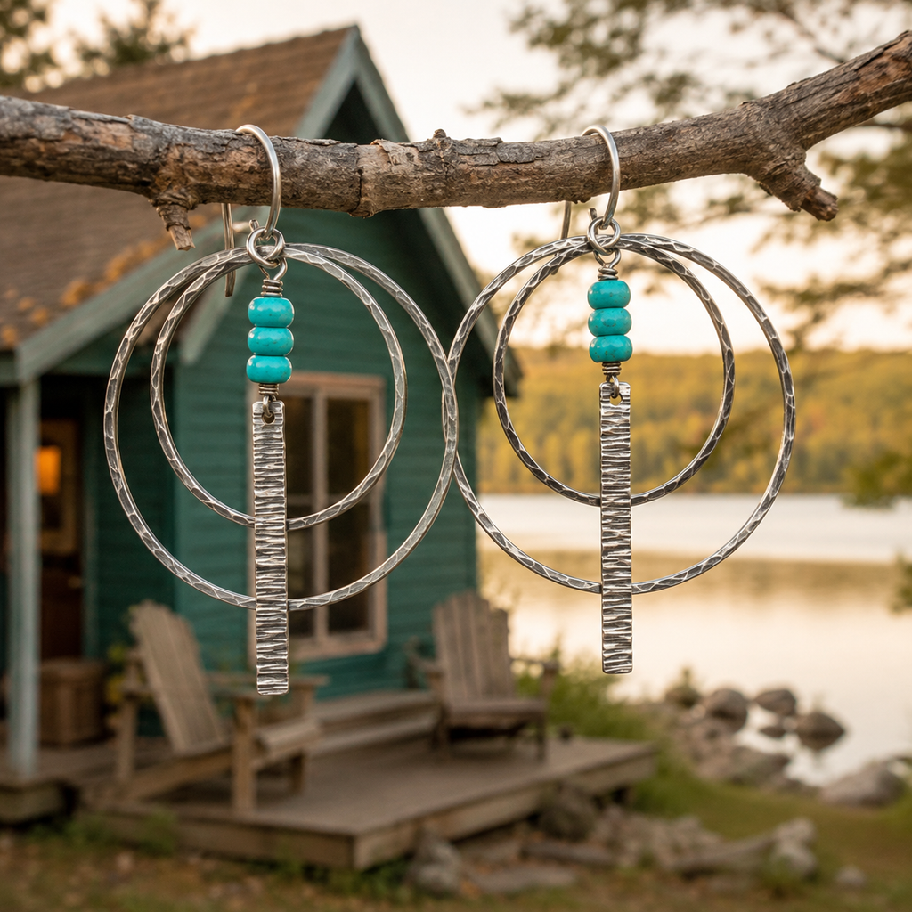 Handcrafted Hammered Sterling Silver Turquoise Bead Hoop Earrings