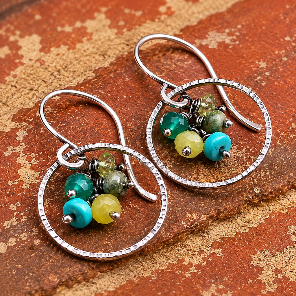 Sterling Silver Gemstone Cluster Hoop Earrings