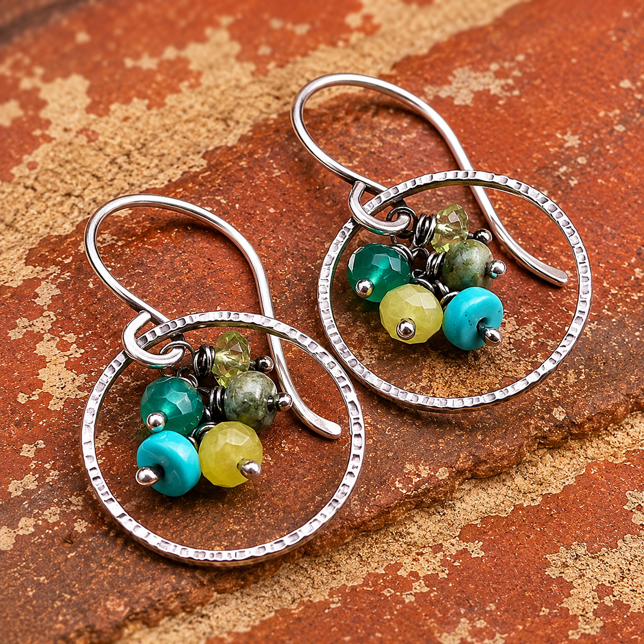 Sterling Silver Gemstone Cluster Hoop Earrings