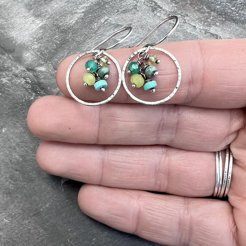 Sterling Silver Gemstone Cluster Hoop Earrings