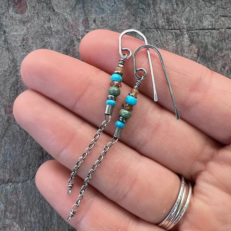 Hammered Sterling Silver Turquoise & Jasper Chain Earrings