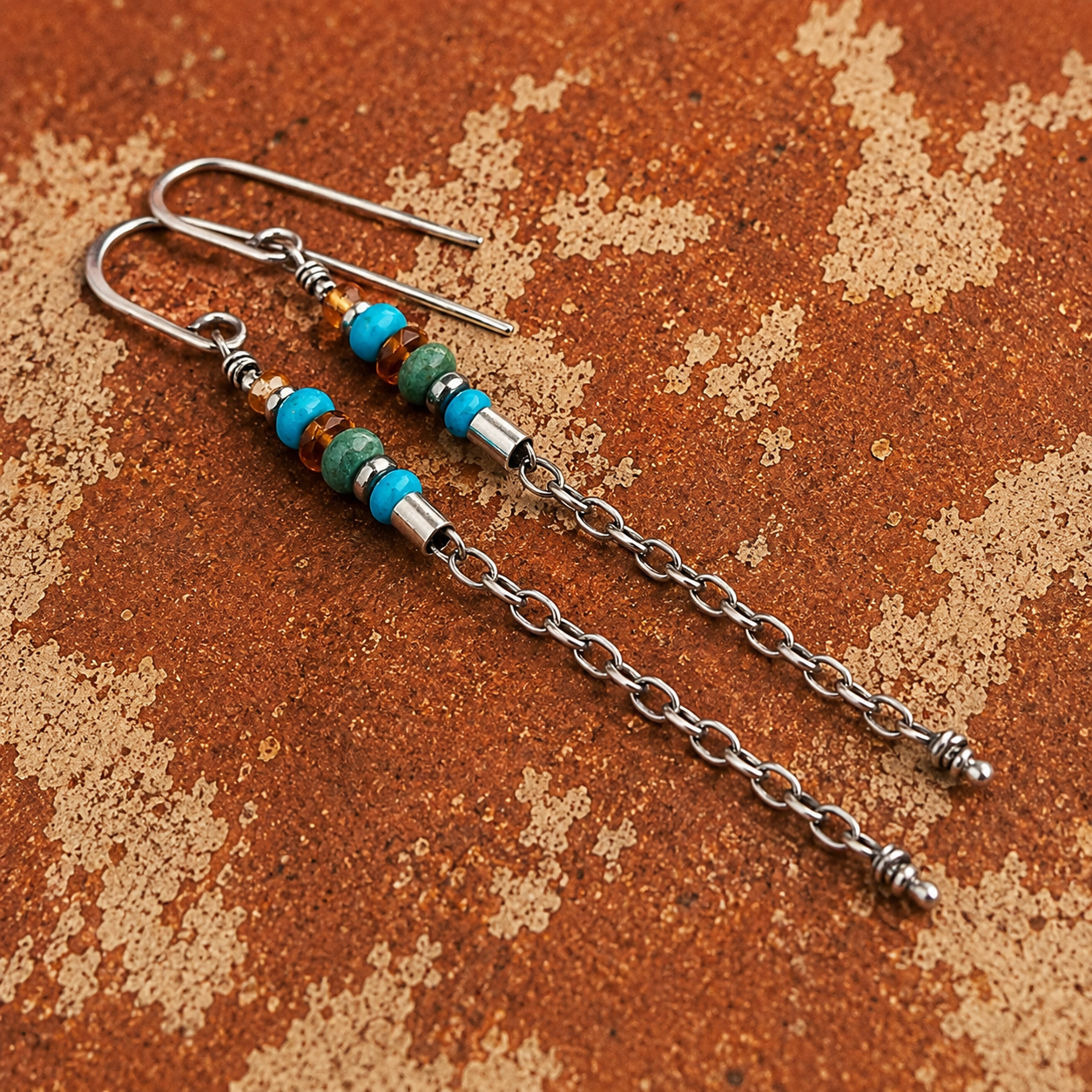 Hammered Sterling Silver Turquoise & Jasper Chain Earrings