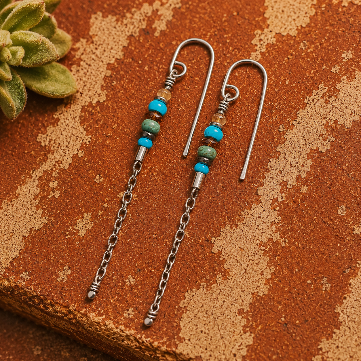 Hammered Sterling Silver Turquoise & Jasper Chain Earrings