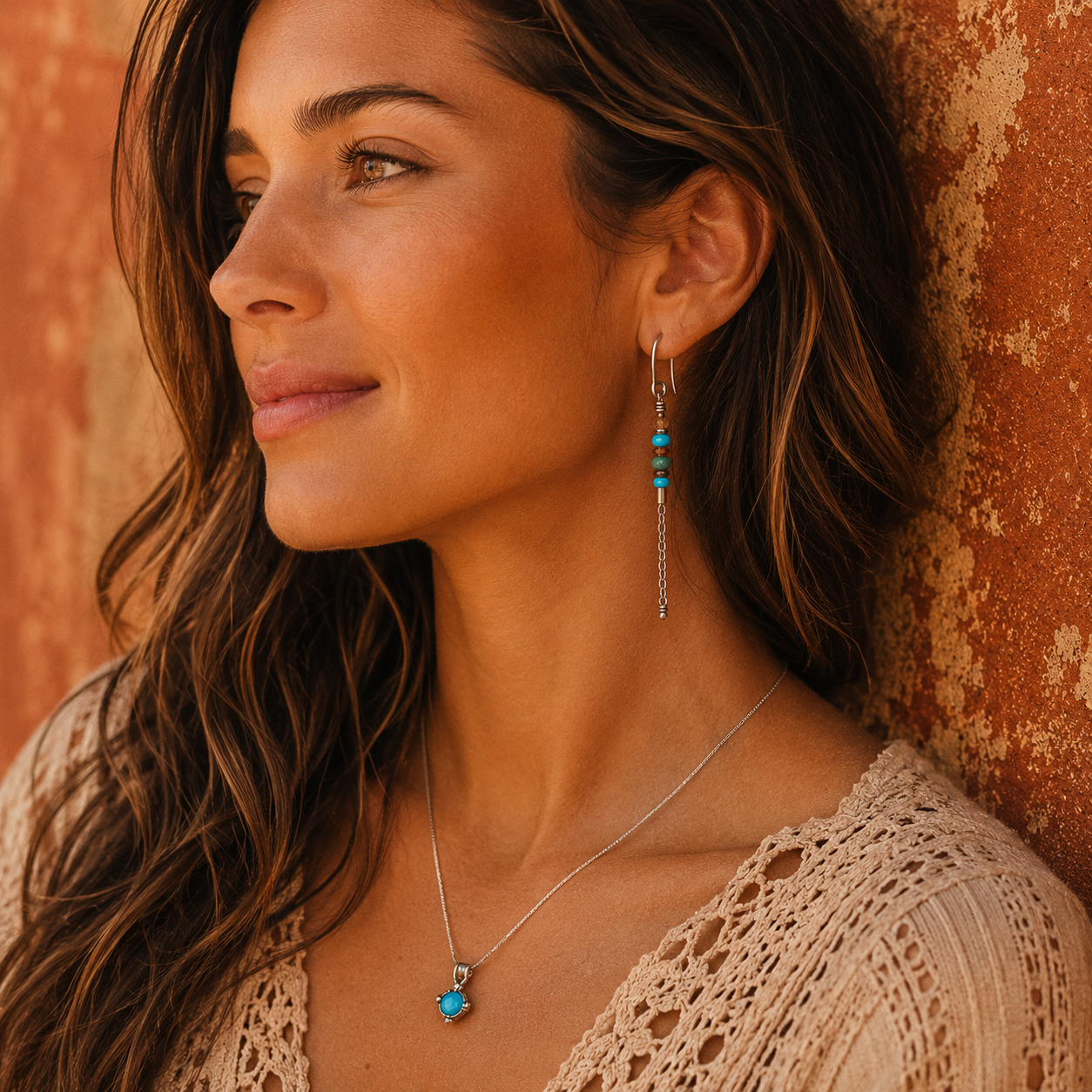Hammered Sterling Silver Turquoise & Jasper Chain Earrings