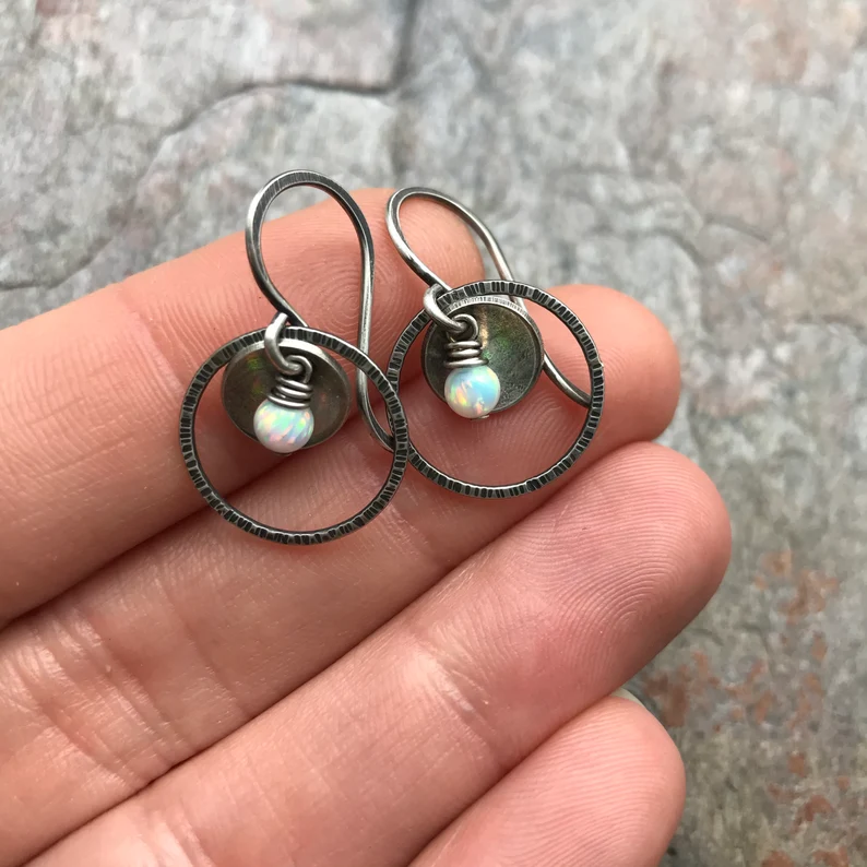 Hammered Sterling Silver Opal Earrings