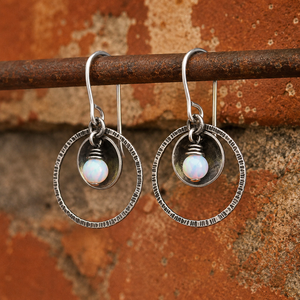 Hammered Sterling Silver Opal Earrings