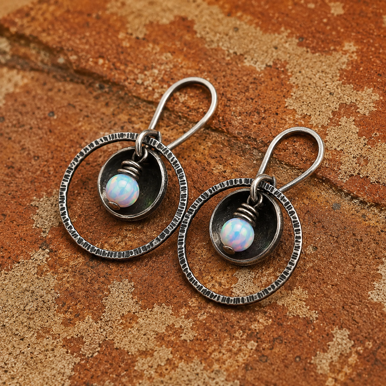 Hammered Sterling Silver Opal Earrings
