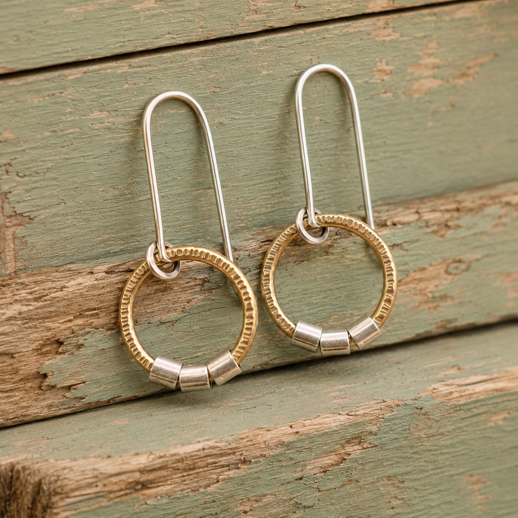 Hand Hammered Brass & Sterling Silver Hoop Earrings