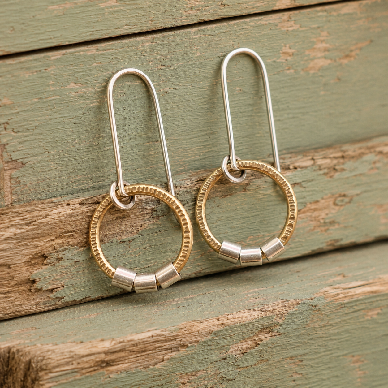 Hand Hammered Brass & Sterling Silver Hoop Earrings