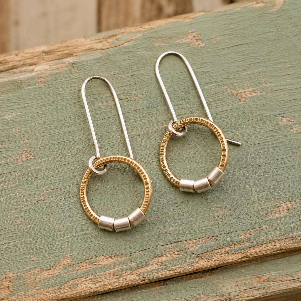 Hand Hammered Brass & Sterling Silver Hoop Earrings