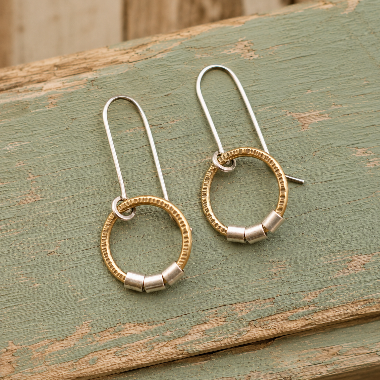 Hand Hammered Brass & Sterling Silver Hoop Earrings