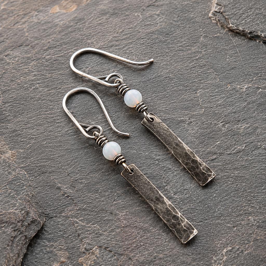 Hand Hammered Sterling Silver Opal Earrings