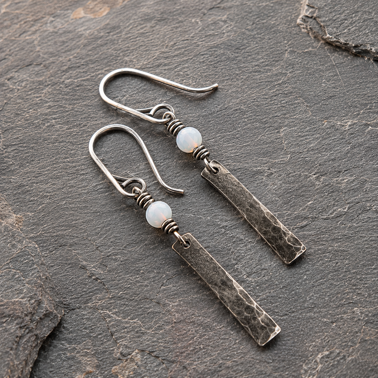 Hand Hammered Sterling Silver Opal Earrings