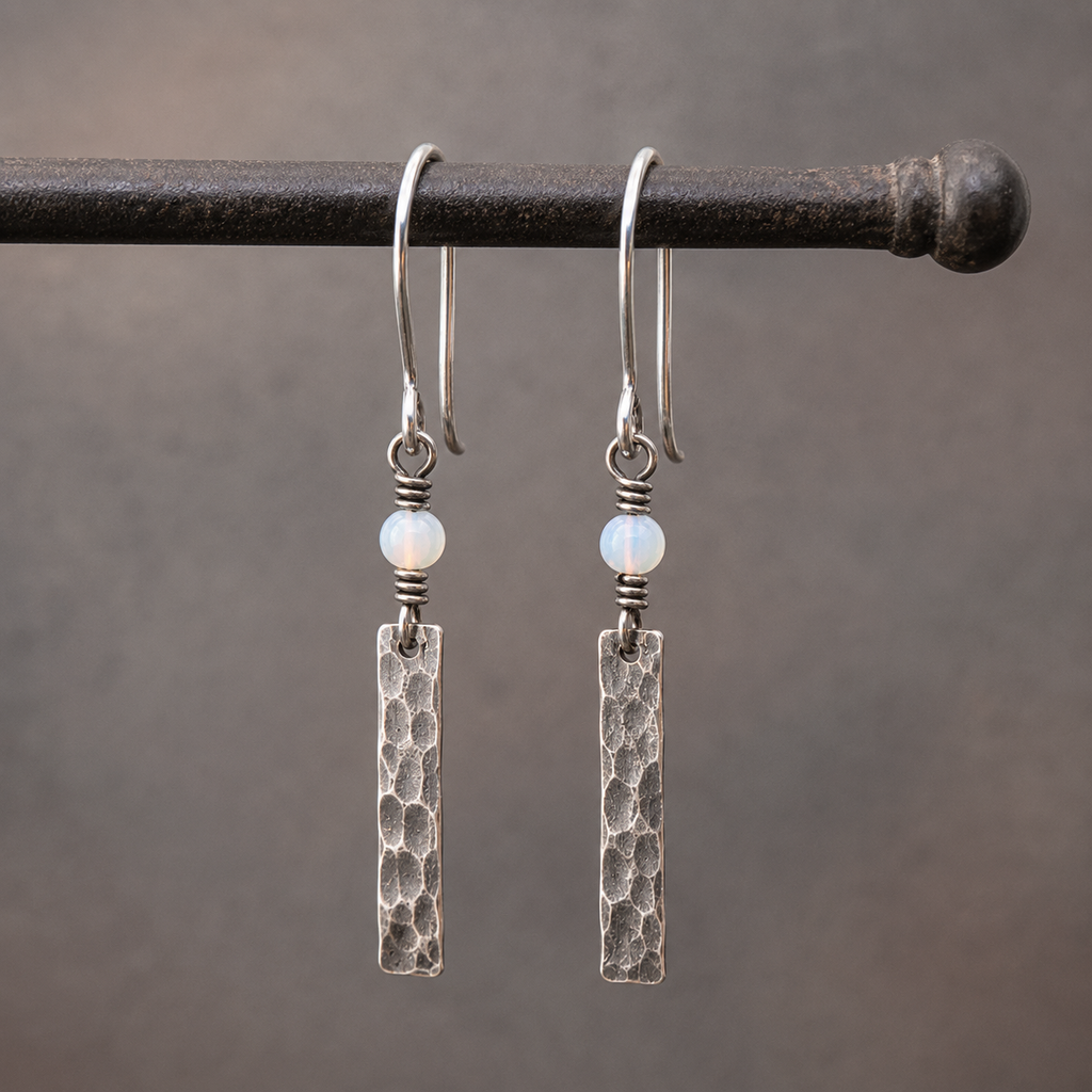 Hand Hammered Sterling Silver Opal Earrings