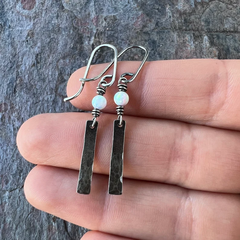 Hand Hammered Sterling Silver Opal Earrings