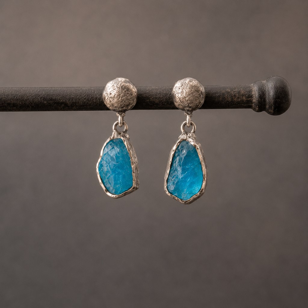 Hand Hammered Sterling Silver Raw Apatite Earrings