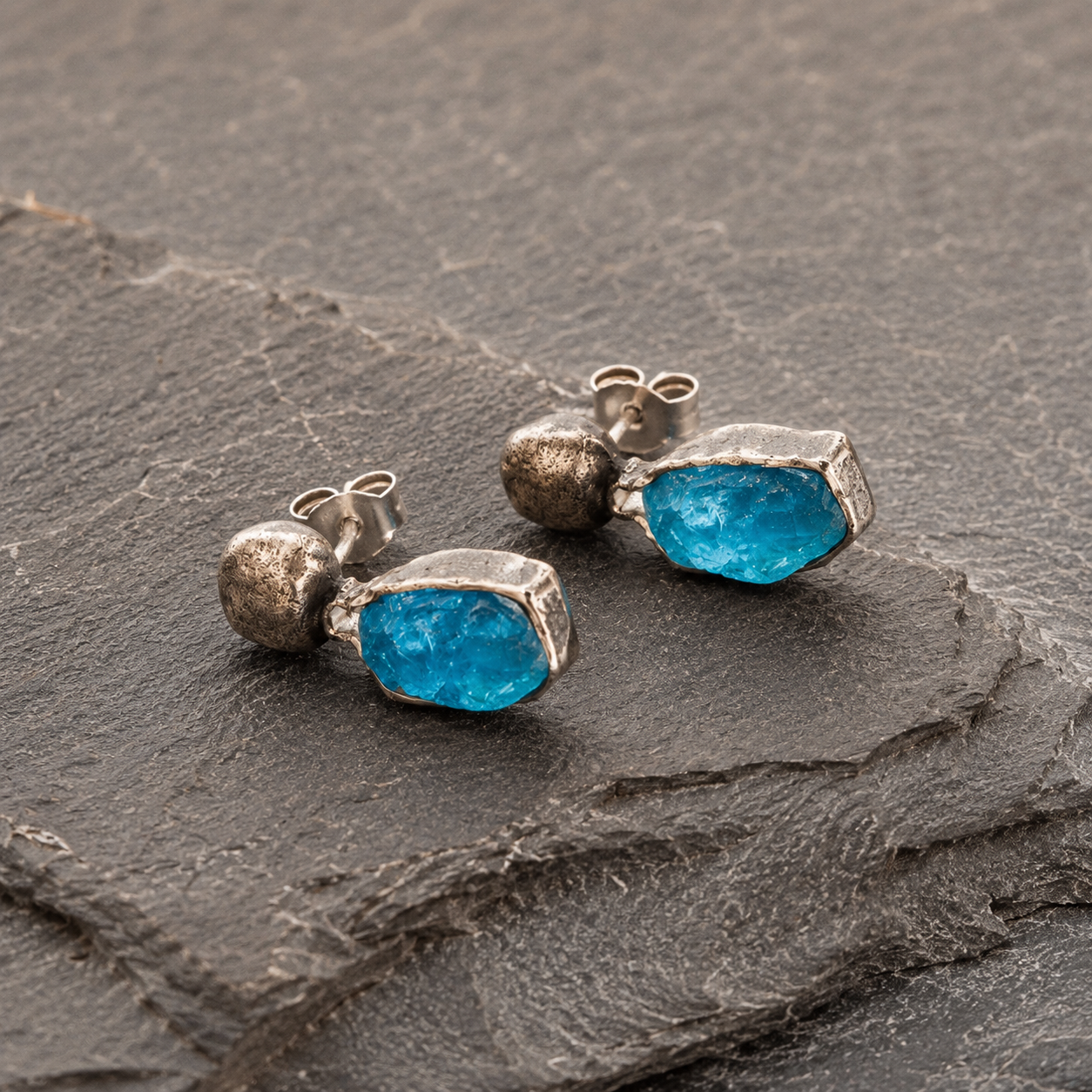 Hand Hammered Sterling Silver Raw Apatite Earrings