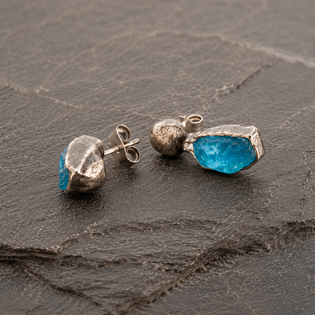 Hand Hammered Sterling Silver Raw Apatite Earrings