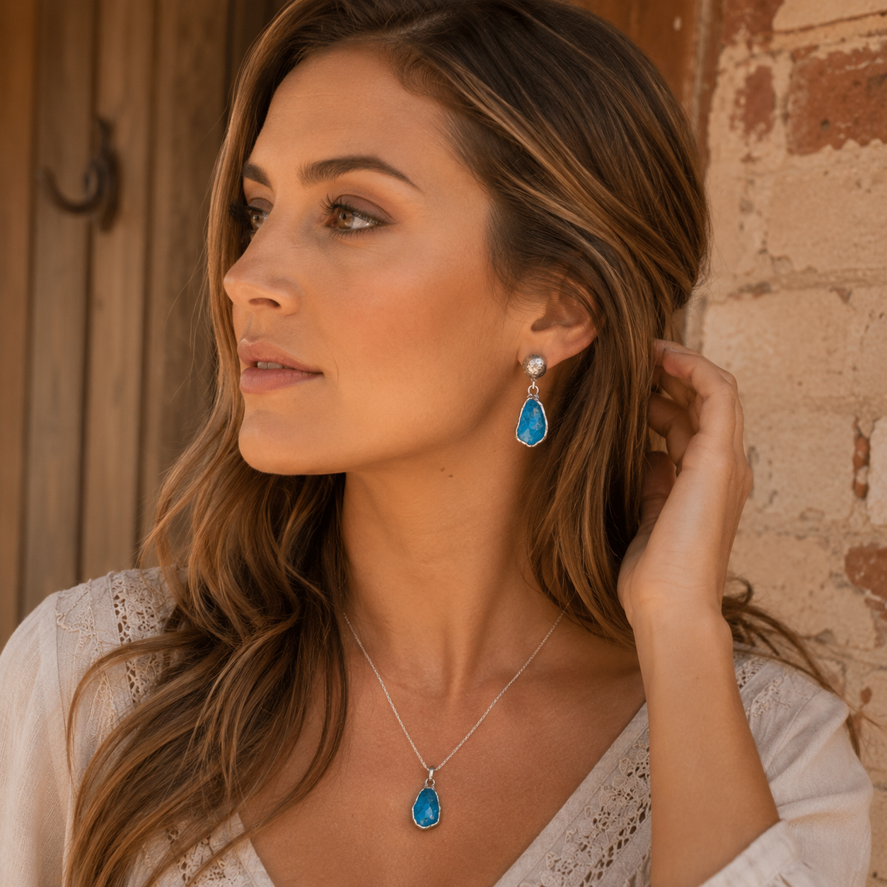 Hand Hammered Sterling Silver Raw Apatite Earrings