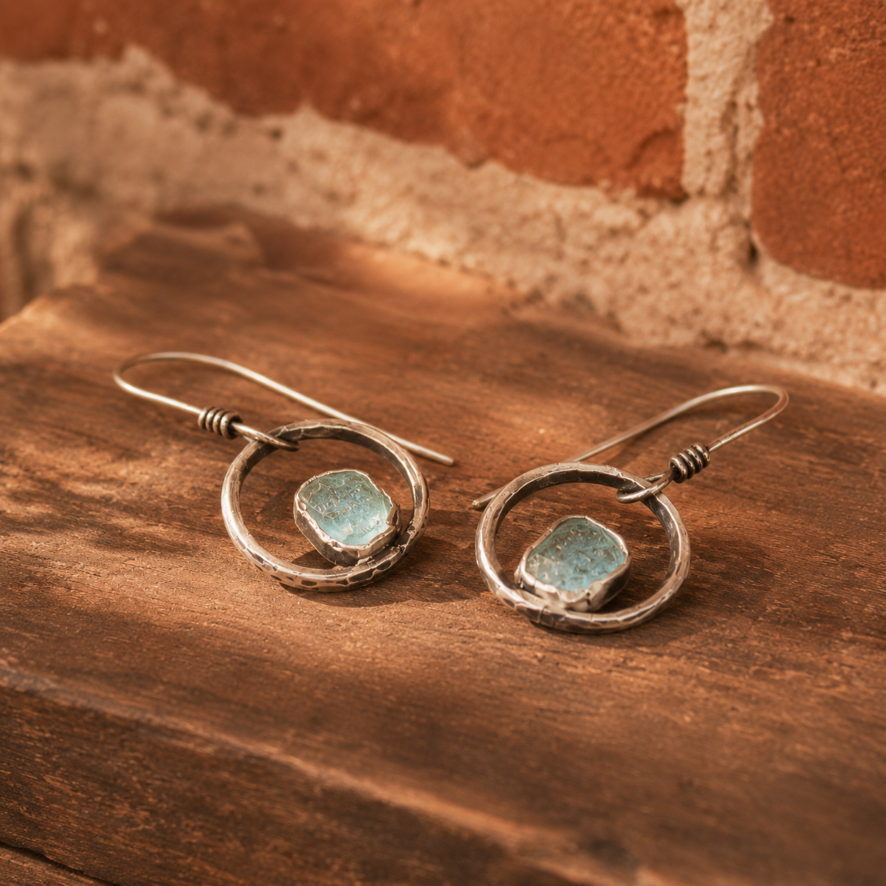 Hand Hammered Sterling Silver Raw Aquamarine Earrings
