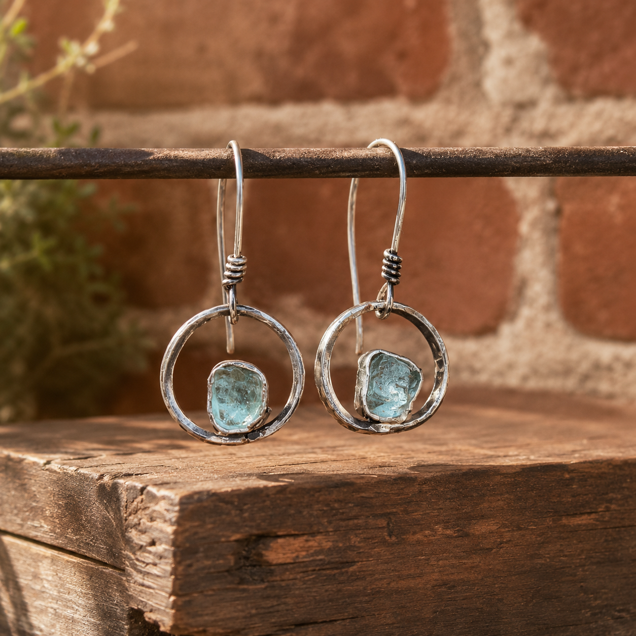 Hand Hammered Sterling Silver Raw Aquamarine Earrings