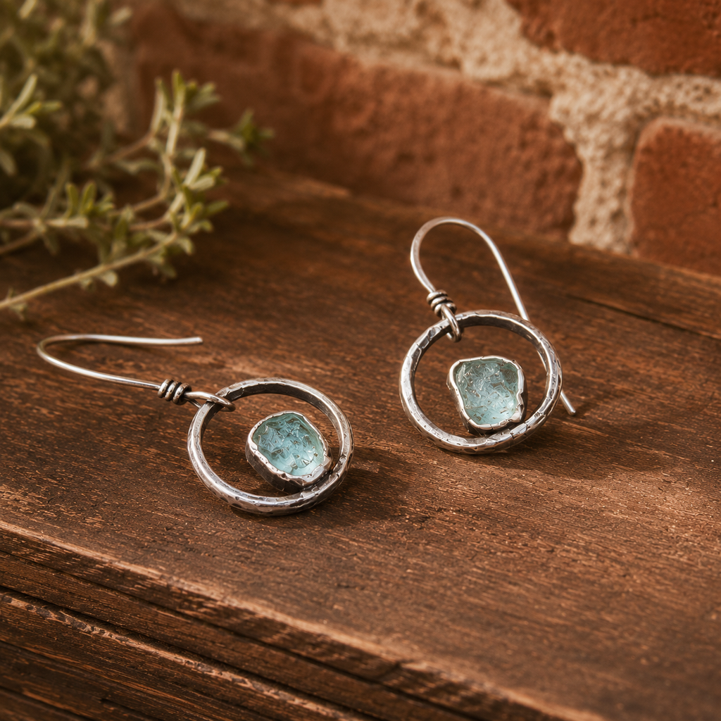 Hand Hammered Sterling Silver Raw Aquamarine Earrings
