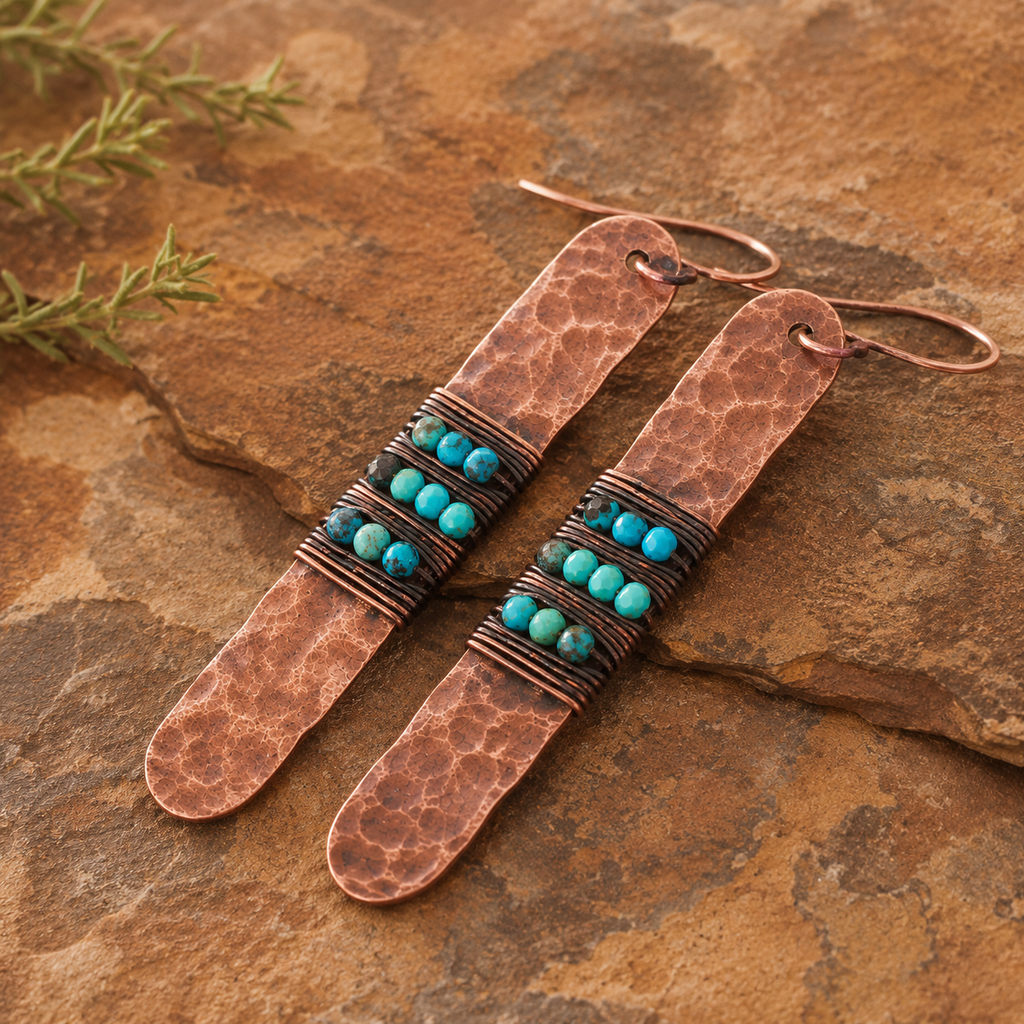 Handmade Hammered Copper Turquoise Earrings