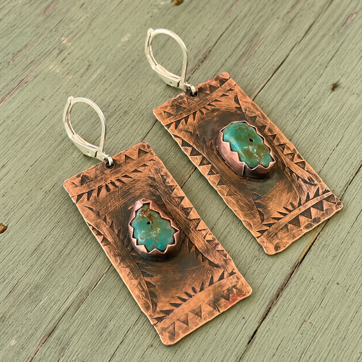 Handmade Hammered Copper Raw Turquoise Earrings