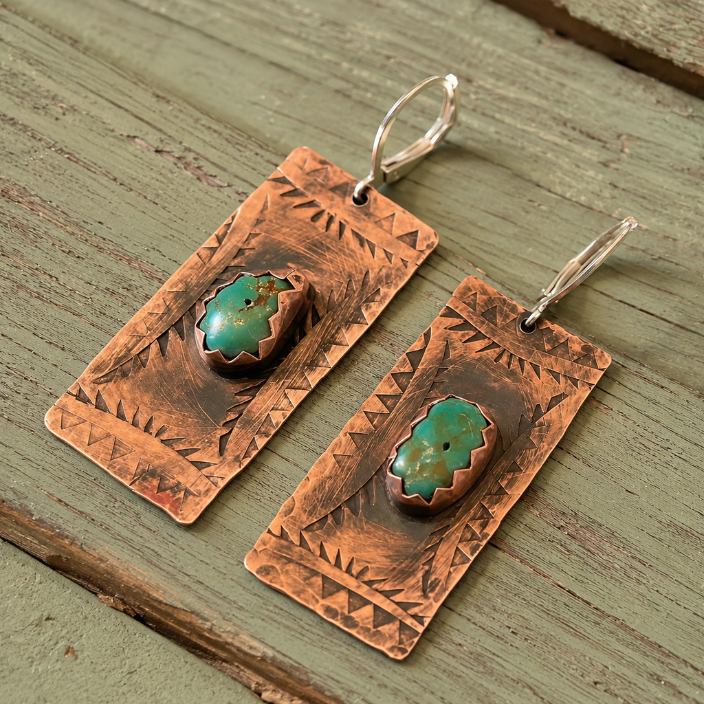 Handmade Hammered Copper Raw Turquoise Earrings