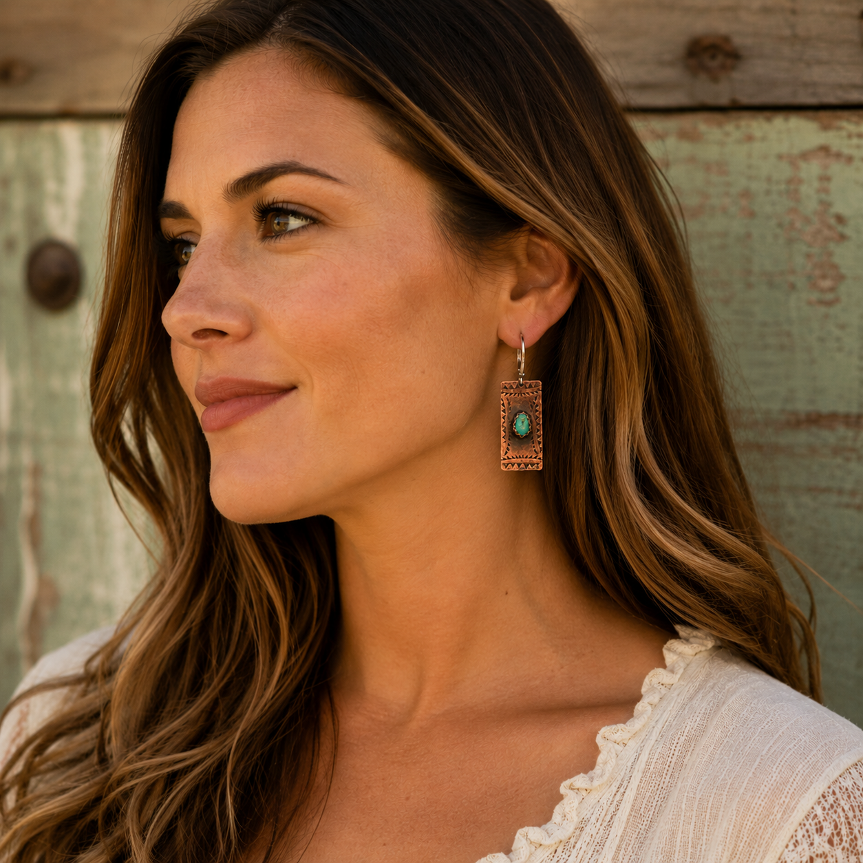 Handmade Hammered Copper Raw Turquoise Earrings