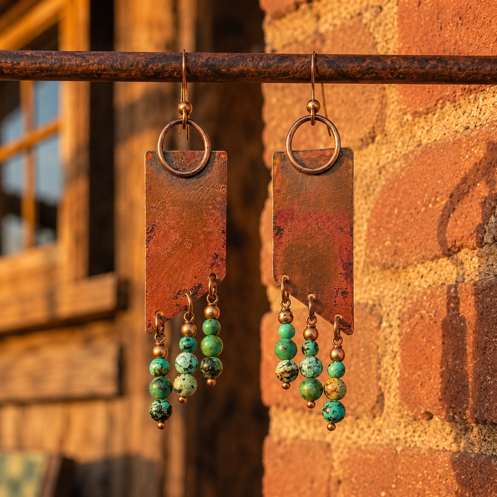 Handmade Hammered Copper Turquoise Earrings