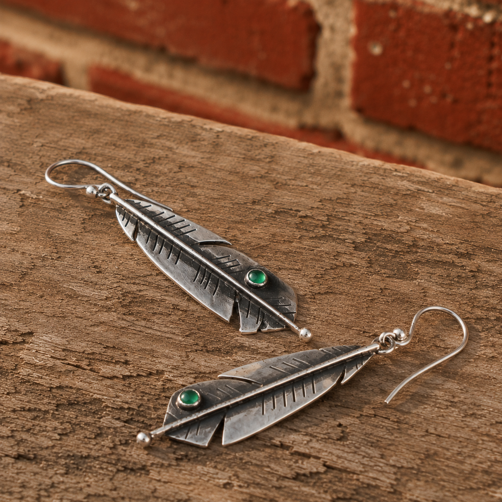 Handmade Sterling Silver Green Agate Feather Earrings