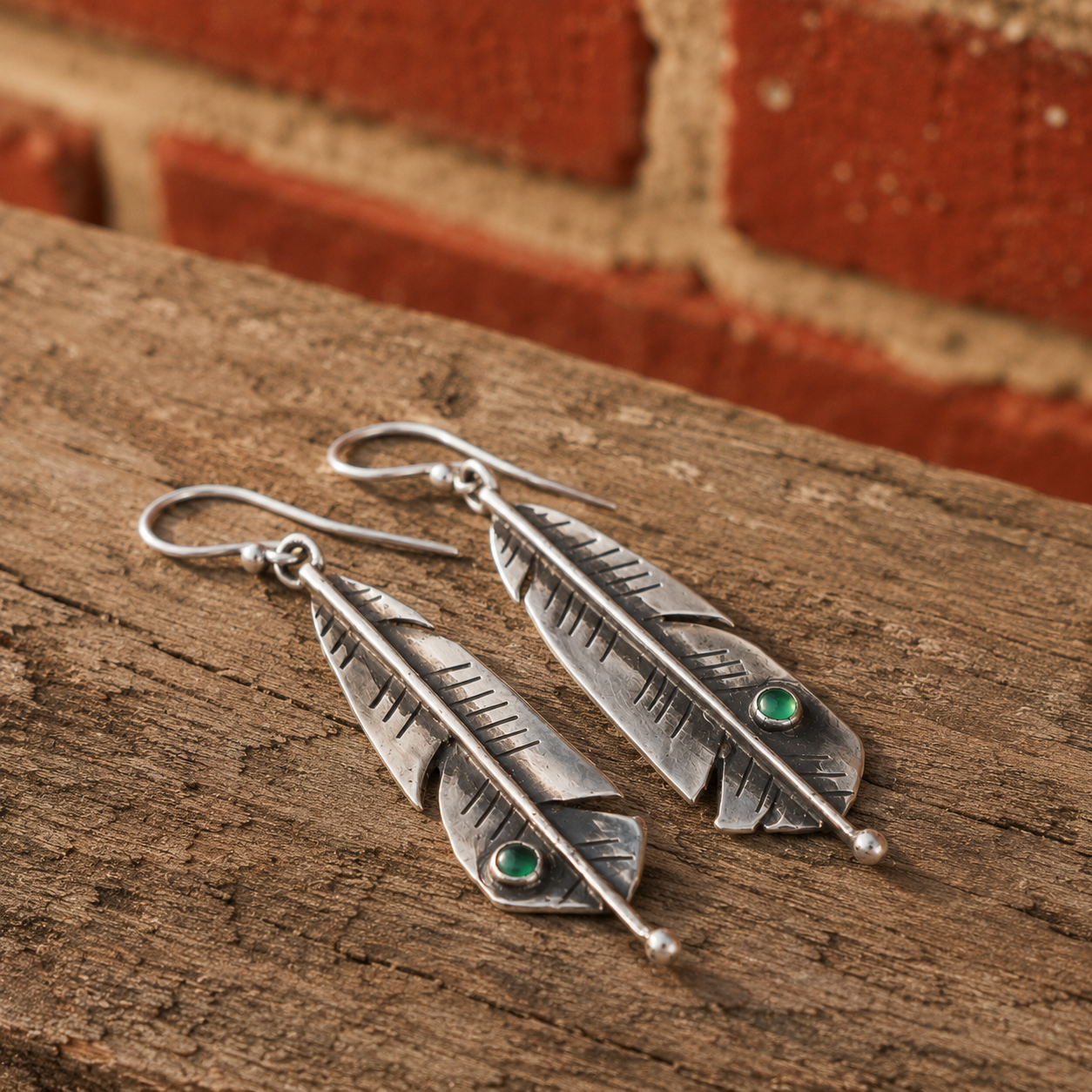 Handmade Sterling Silver Green Agate Feather Earrings